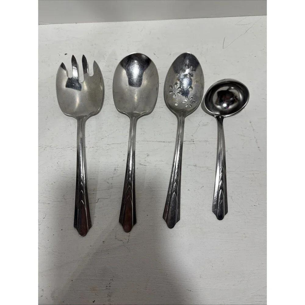 Ekco Stainless USA Art Deco Mid Century Modern Set Of 4 Serving Spoon Ladle Fork